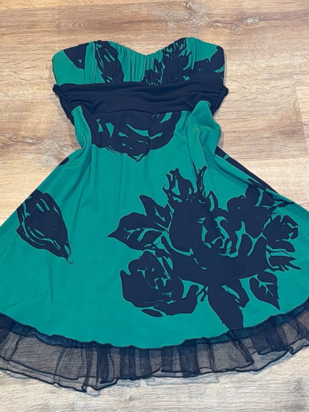 Strapless Teal Floral Fit & Flare Dress with Black Accents
